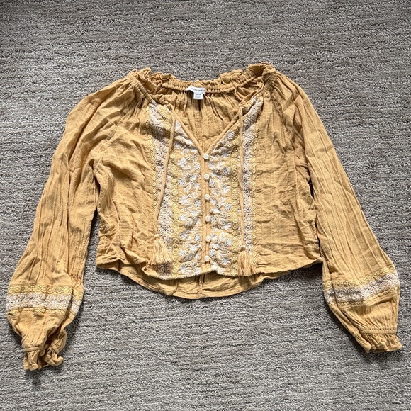 American Eagle Outfitters Tops - American Eagle Outfitters Mustard Cropped Embroidered Long-Sleeve Blouse